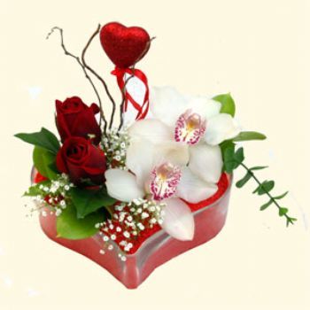 Aksaray hediye sevgilime hediye iek  1 kandil orkide 5 adet kirmizi gl mika kalp